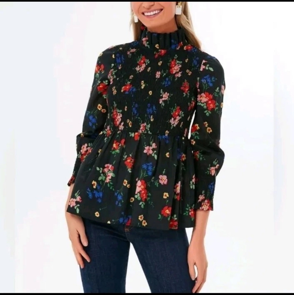 Tuckernuck After Light Amaryllis Rowen FLORAL Black Top Smocked Peplum Size S
